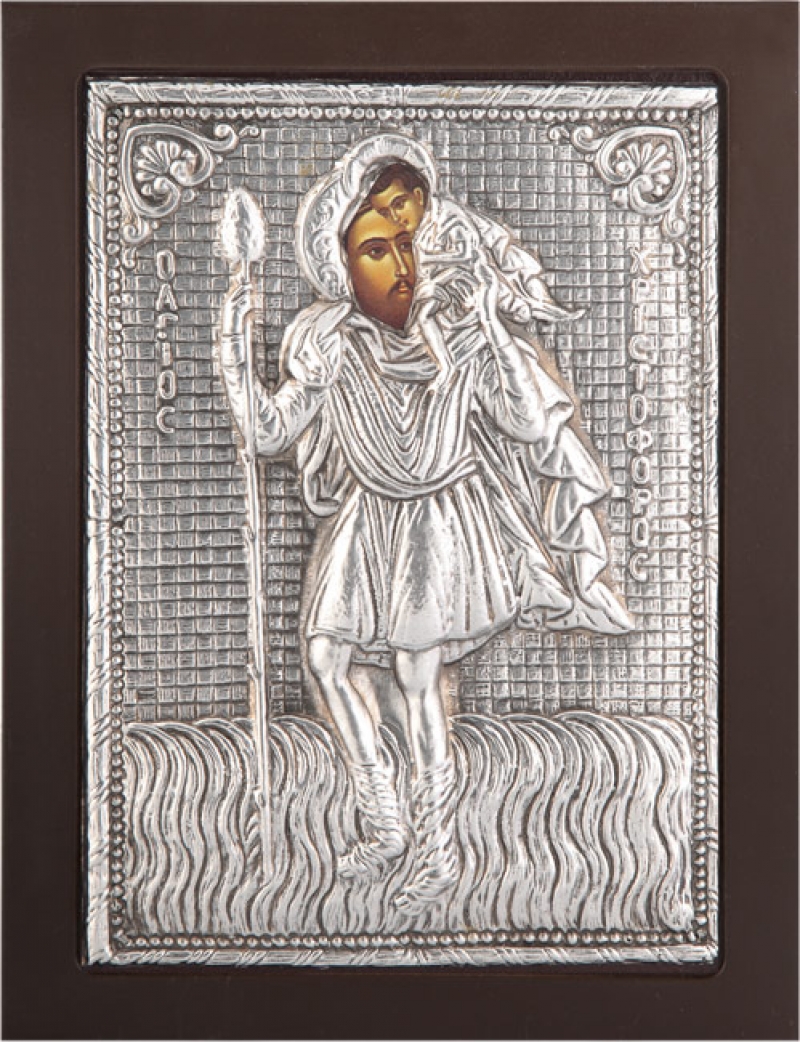 Εικόνα "Άγιος Χριστόφορος" σε μαύρο ξύλο με επικάλυψη από φύλλο ασήμι 925 ΚΩΔ. 104 19Χ24εκ.
