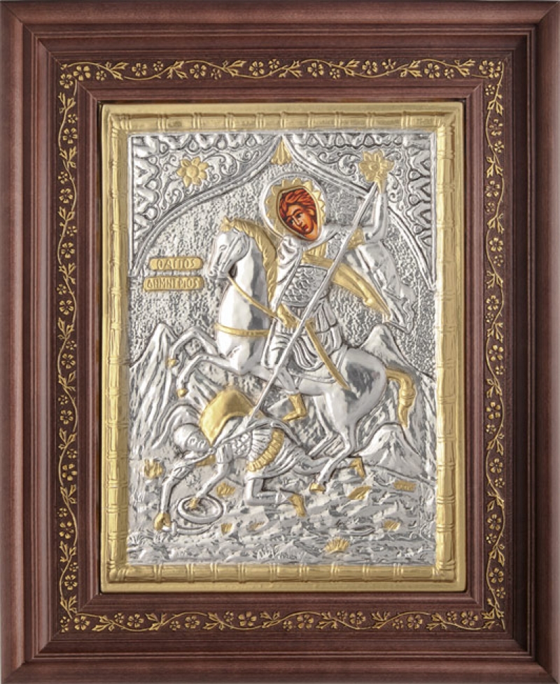 Εικόνα "Άγιος Δημήτριος" με επικάλυψη από φύλλο ασήμι 925 και τοπικό επιχρύσωμα ΚΩΔ. 1001 26x32