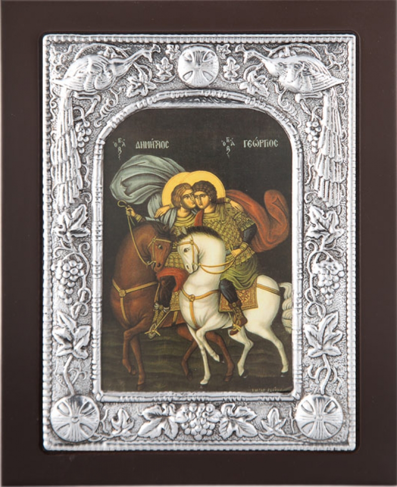Εικόνα "Άγιος Δημήτριος & Άγιος Γεώργιος" σε μαύρο ξύλο με επικάλυψη από φύλλο ασήμι 925 ΚΩΔ. 104 19Χ24εκ.