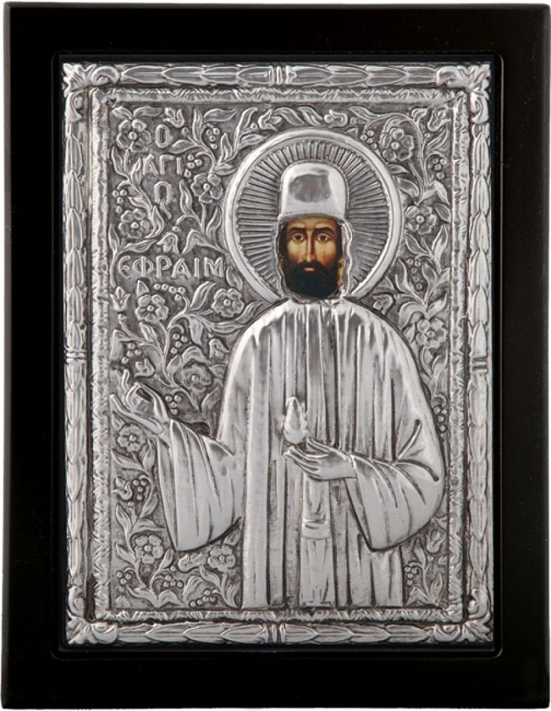 Εικόνα "Άγιος Εφραίμ" σε μαύρο ξύλο με επικάλυψη από φύλλο ασήμι 925 ΚΩΔ. 102 10Χ12εκ.