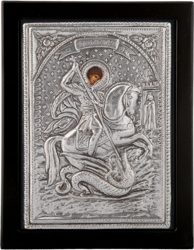Εικόνα "Άγιος Γεώργιος" σε μαύρο ξύλο με επικάλυψη από φύλλο ασήμι 925 ΚΩΔ. 104 19Χ24εκ.