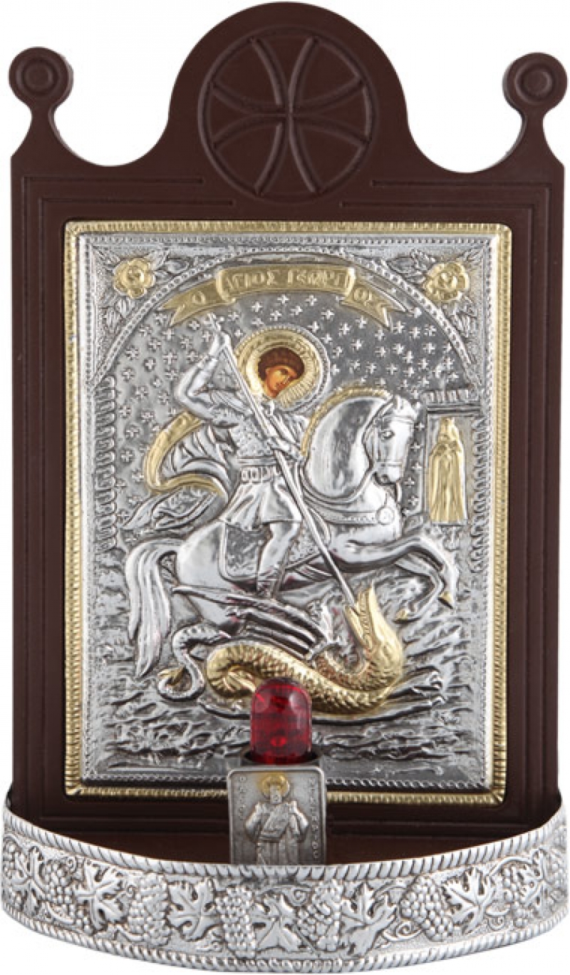 Εικόνα με φως "Άγιος Γεώργιος" με επικάλυψη από φύλλο ασήμι 925 και τοπικό επιχρύσωμα ΚΩΔ. 600 19x30