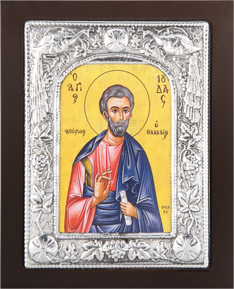 Εικόνα "Άγιος Ιούδας ο Θαδδαίος" σε μαύρο ξύλο με επικάλυψη από φύλλο ασήμι 925 ΚΩΔ. 104 19Χ24εκ.