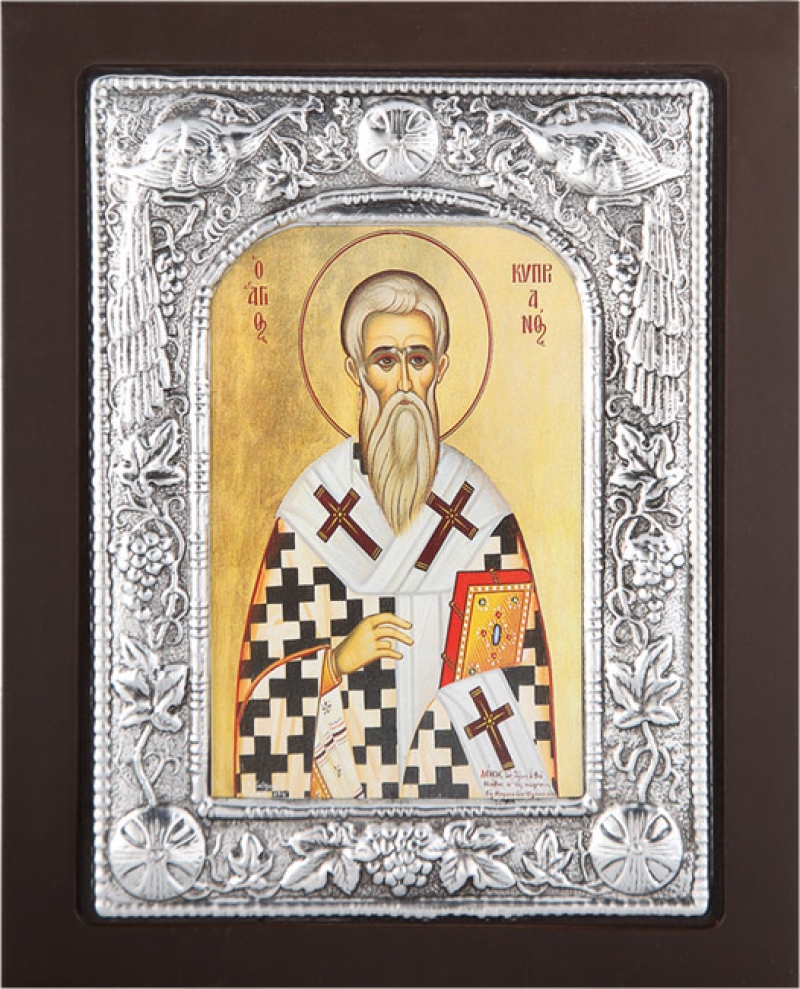 Εικόνα "Άγιος Κυπριανός" σε μαύρο ξύλο με επικάλυψη από φύλλο ασήμι 925 ΚΩΔ. 104 19Χ24εκ.
