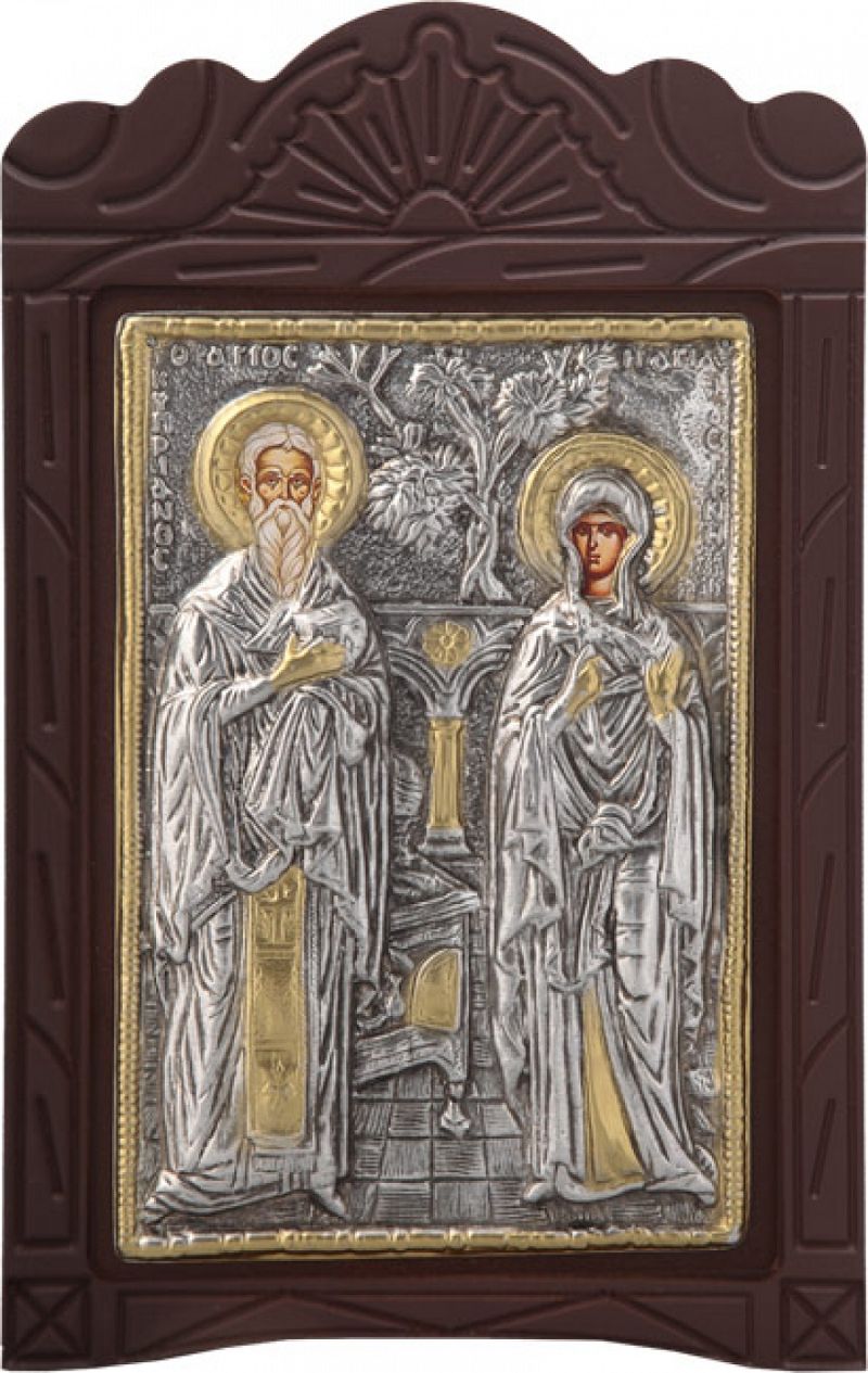 Ξυλόγλυπτο "Άγιος Κυπριανός & Ιουστίνη" με επικάλυψη από φύλλο ασήμι 925 και τοπικό επιχρύσωμα ΚΩΔ. 204 19x29