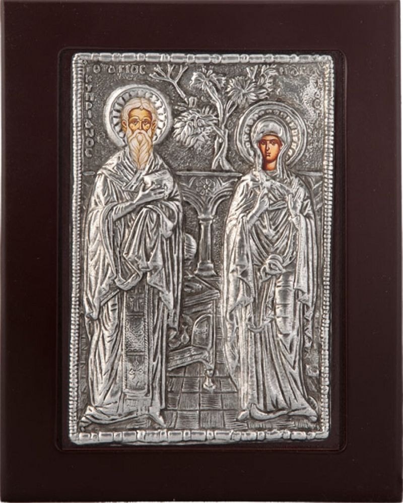 Εικόνα "Άγιος Κυπριανός & Ιουστίνη" σε μαύρο ξύλο με επικάλυψη από φύλλο ασήμι 925 ΚΩΔ. 104 19Χ24εκ.