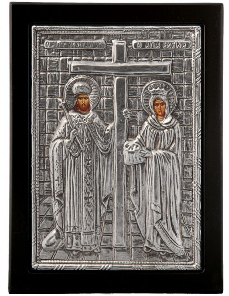 Εικόνα "Άγιος Κωνσταντίνος & Ελένη" σε μαύρο ξύλο με επικάλυψη από φύλλο ασήμι 925 ΚΩΔ. 104 19Χ24εκ.