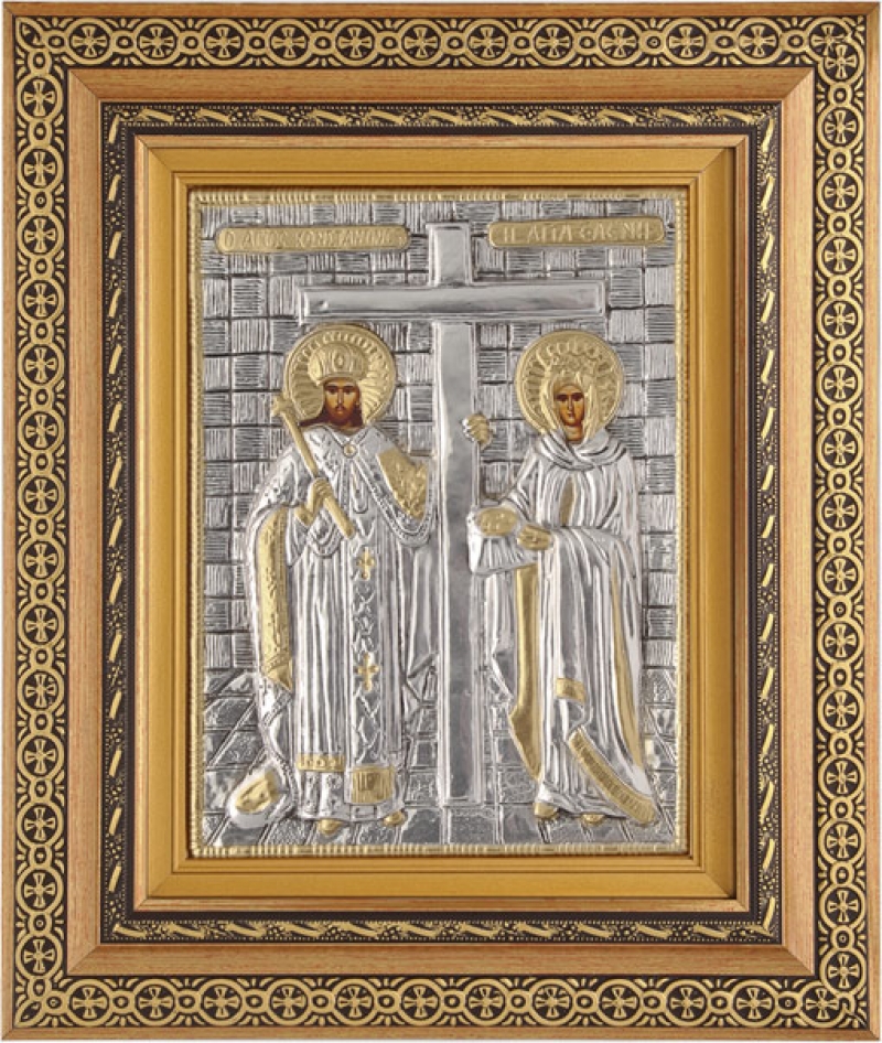 Εικόνα "Άγιος Κωνσταντίνος & Ελένη" με επικάλυψη από φύλλο ασήμι 925 και τοπικό επιχρύσωμα ΚΩΔ. 800 40x50