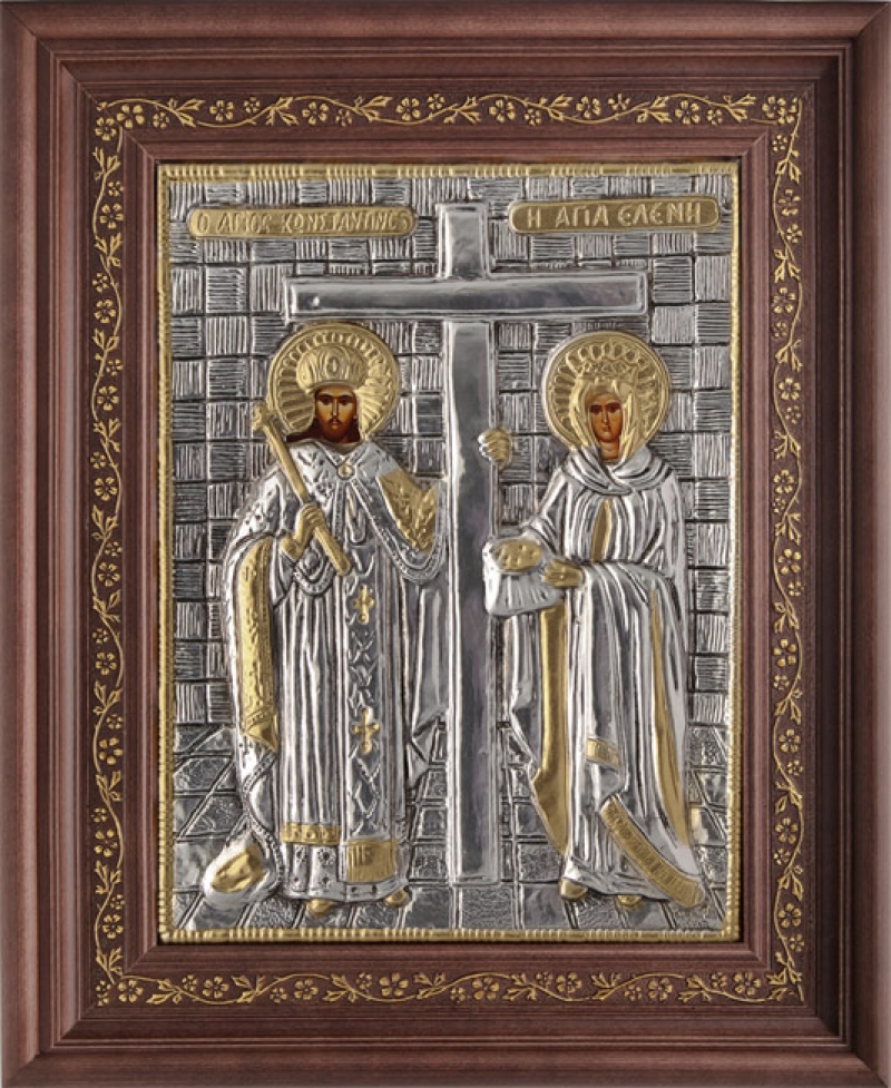 Εικόνα "Άγιος Κωνσταντίνος και Ελένη" με επικάλυψη από φύλλο ασήμι 925 και τοπικό επιχρύσωμα ΚΩΔ. 1000 35x43