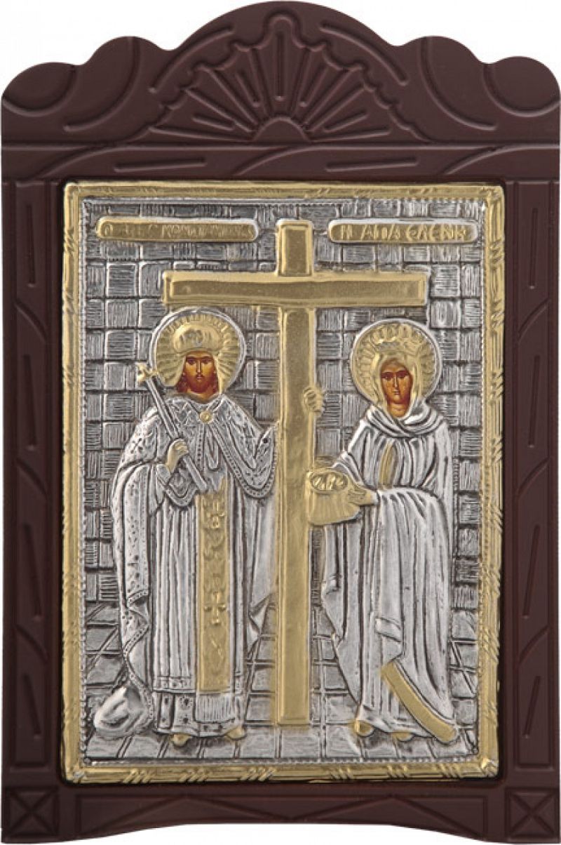 Ξυλόγλυπτο "Άγιος Κωνσταντίνος & Ελένη" με επικάλυψη από φύλλο ασήμι 925 με τοπικό επιχρύσωμα ΚΩΔ. 204 19x29
