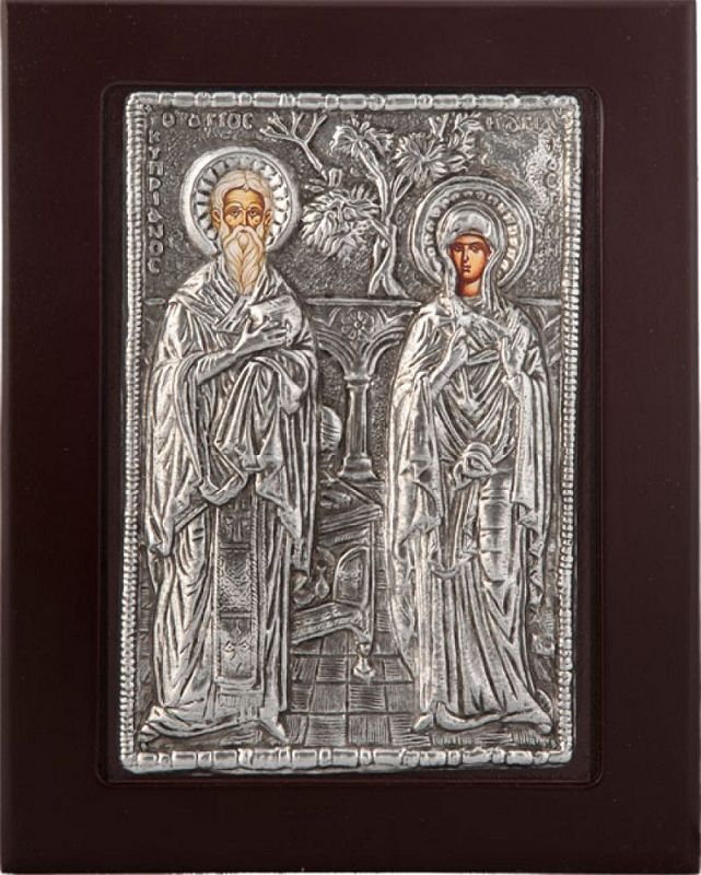 Εικόνα "Άγιος Κυπριανός & Ιουστίνη" Σε Μαύρο Ξύλο Με Επικάλυψη Από Φύλλο Ασήμι 925 ΚΩΔ. 106 30Χ40εκ.