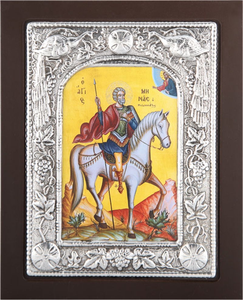 Εικόνα "Άγιος Μηνάς" σε μαύρο ξύλο με επικάλυψη από φύλλο ασήμι 925 ΚΩΔ. 105 23Χ28εκ.
