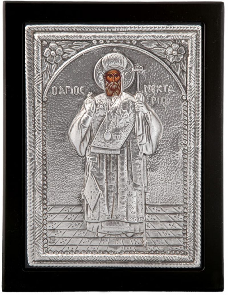 Εικόνα "Άγιος Νεκτάριος" σε μαύρο ξύλο με επικάλυψη από φύλλο ασήμι 925 ΚΩΔ. 102 10Χ12εκ.