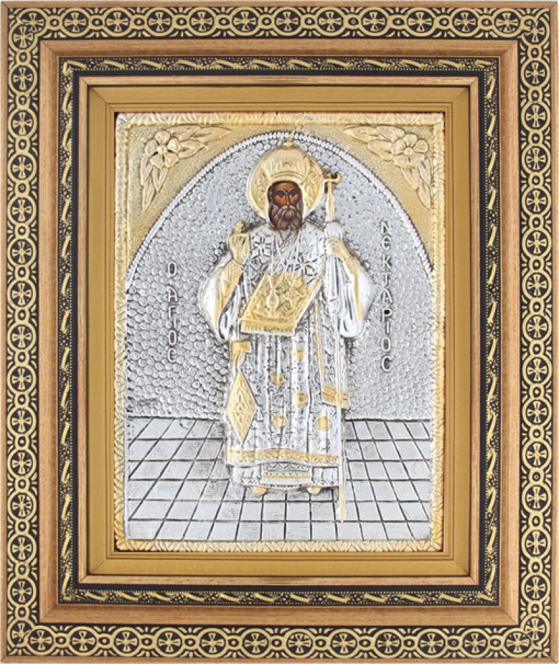 Εικόνα "Άγιος Νεκτάριος" με επικάλυψη από φύλλο ασήμι 925 και τοπικό επιχρύσωμα ΚΩΔ. 800 40x50