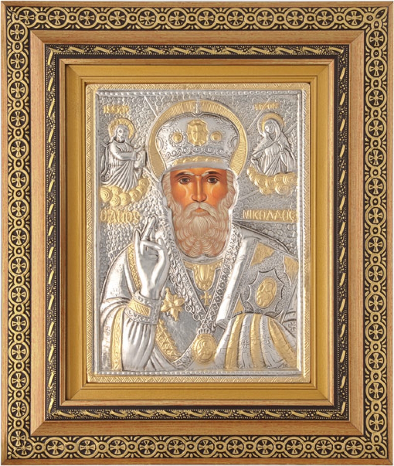 Εικόνα "Άγιος Νικόλαος" με επικάλυψη από φύλλο ασήμι 925 και τοπικό επιχρύσωμα ΚΩΔ. 800 40x50