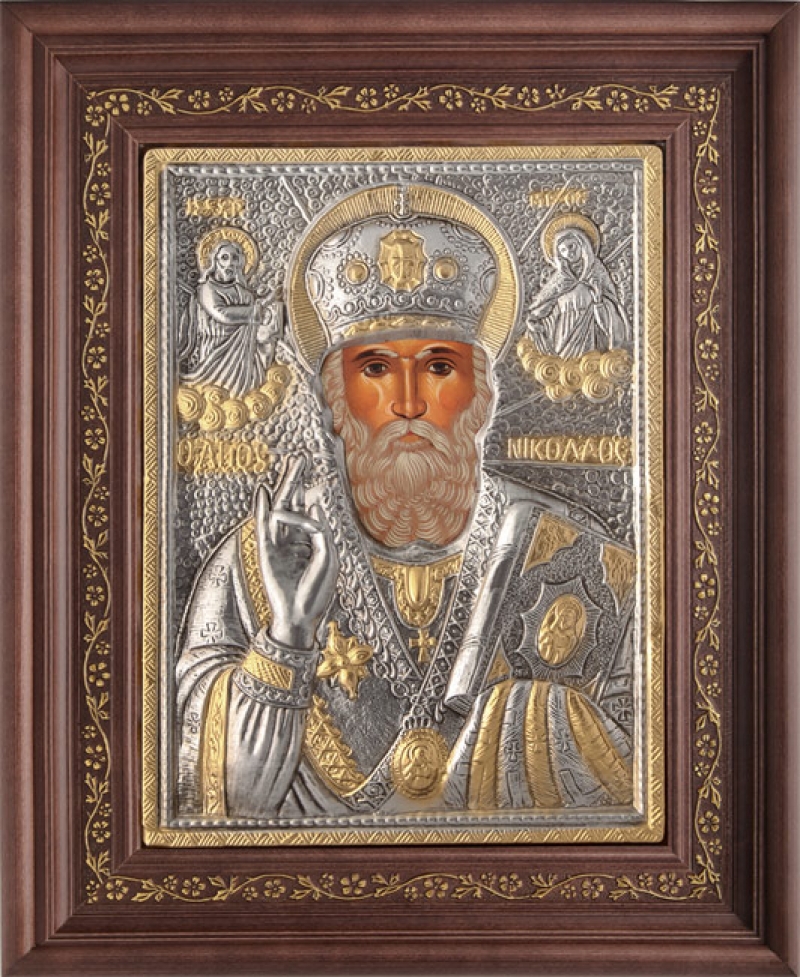 Εικόνα "Άγιος Νικόλαος" με επικάλυψη από φύλλο ασήμι 925 και τοπικό επιχρύσωμα ΚΩΔ. 1000 35x43
