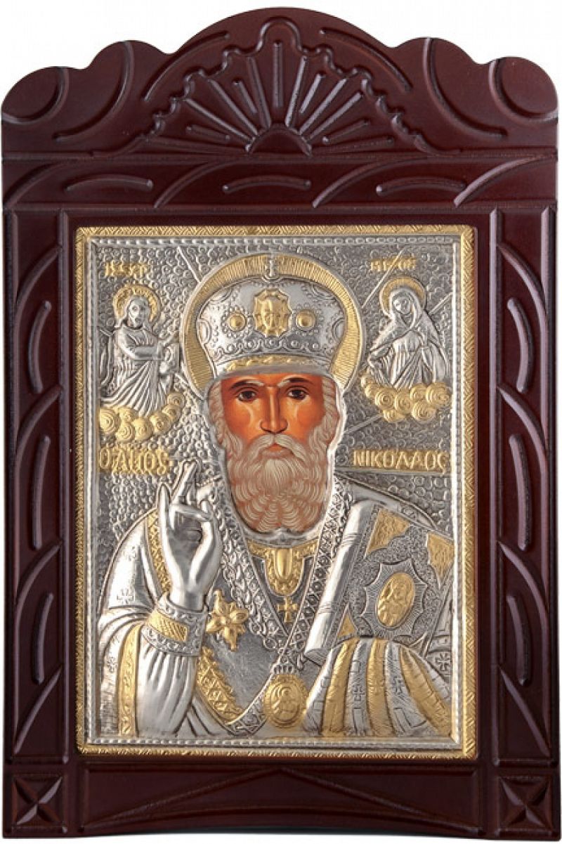 Ξυλόγλυπτο "Άγιος Νικόλαος" με επικάλυψη από φύλλο ασήμι 925 και τοπικό επιχρύσωμα ΚΩΔ. 203 15x23