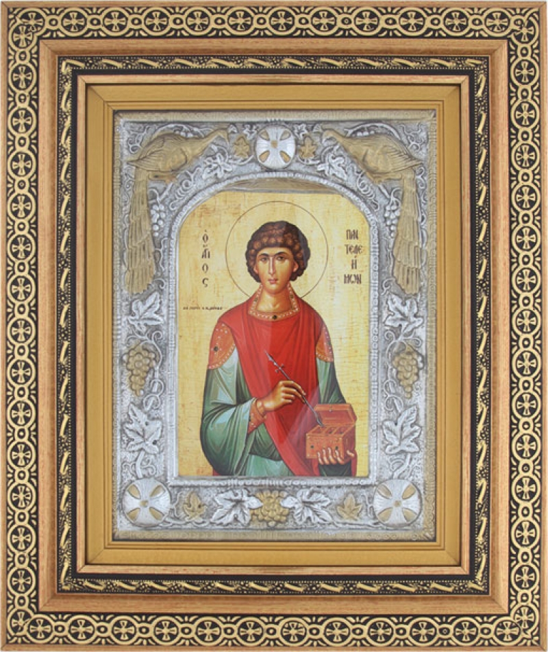 Εικόνα "Άγιος Παντελεήμονας" με επικάλυψη από φύλλο ασήμι 925 και τοπικό επιχρύσωμα ΚΩΔ. 800 40x50