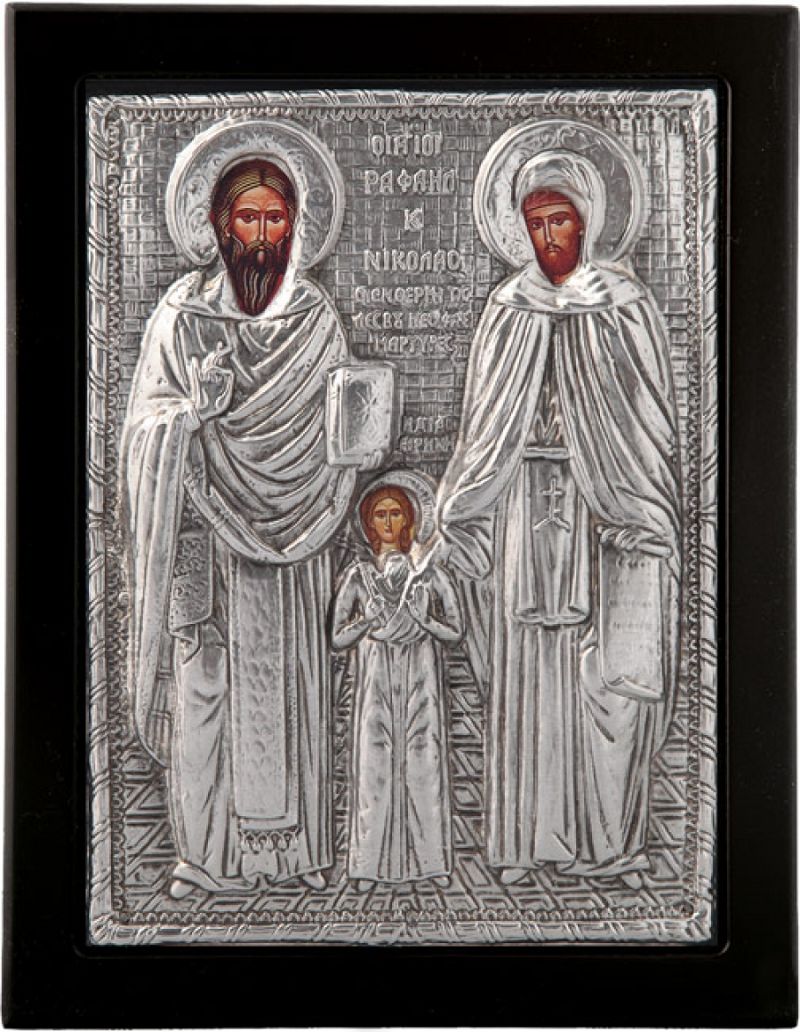 Εικόνα "Άγιος Ραφαήλ, Νικόλαος & Ειρήνη" σε μαύρο ξύλο με επικάλυψη από φύλλο ασήμι 925 ΚΩΔ. 102 10Χ12εκ.