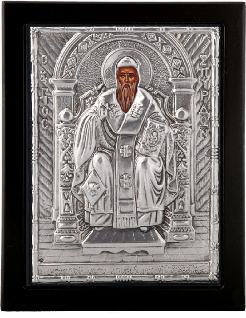 Εικόνα "Άγιος Σπυρίδων" σε μαύρο ξύλο με επικάλυψη από φύλλο ασήμι 925 ΚΩΔ. 101 7Χ9εκ.