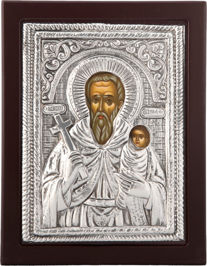 Εικόνα "Άγιος Στυλιανός" σε μαύρο ξύλο με επικάλυψη από φύλλο ασήμι 925 ΚΩΔ. 104 19Χ24εκ.
