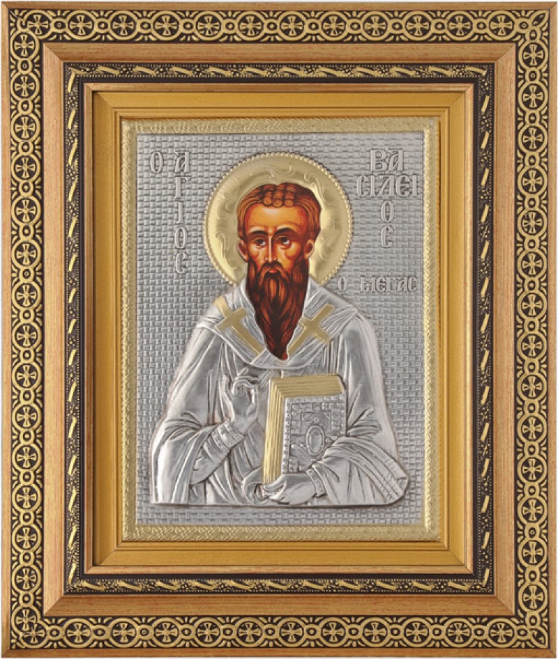 Εικόνα "Άγιος Βασίλειος" με επικάλυψη από φύλλο ασήμι 925 και τοπικό επιχρύσωμα ΚΩΔ. 800 40x50