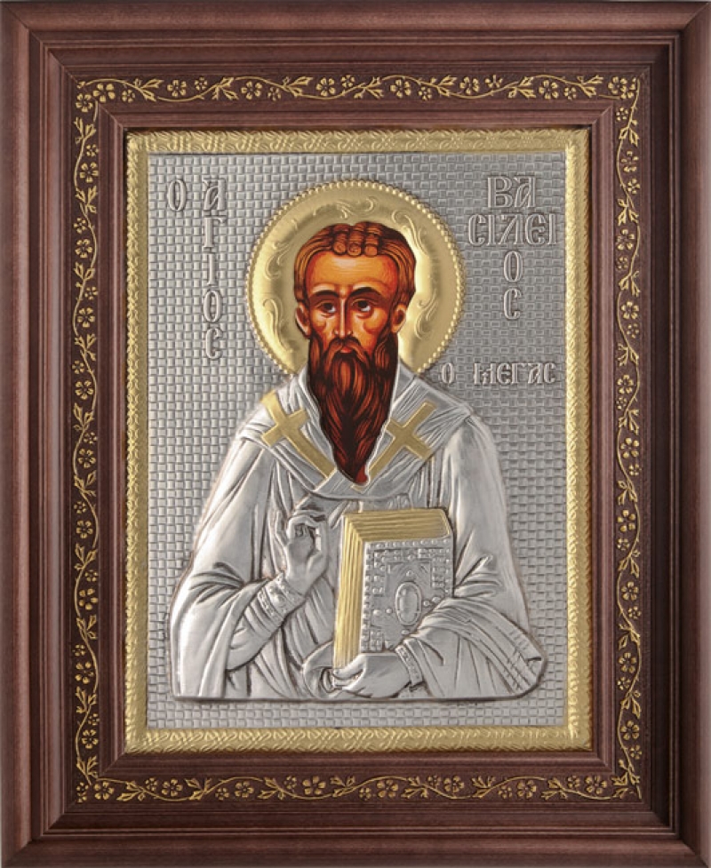 Εικόνα "Άγιος Βασίλειος" με επικάλυψη από φύλλο ασήμι 925 και τοπικό επιχρύσωμα ΚΩΔ. 1000 35x43