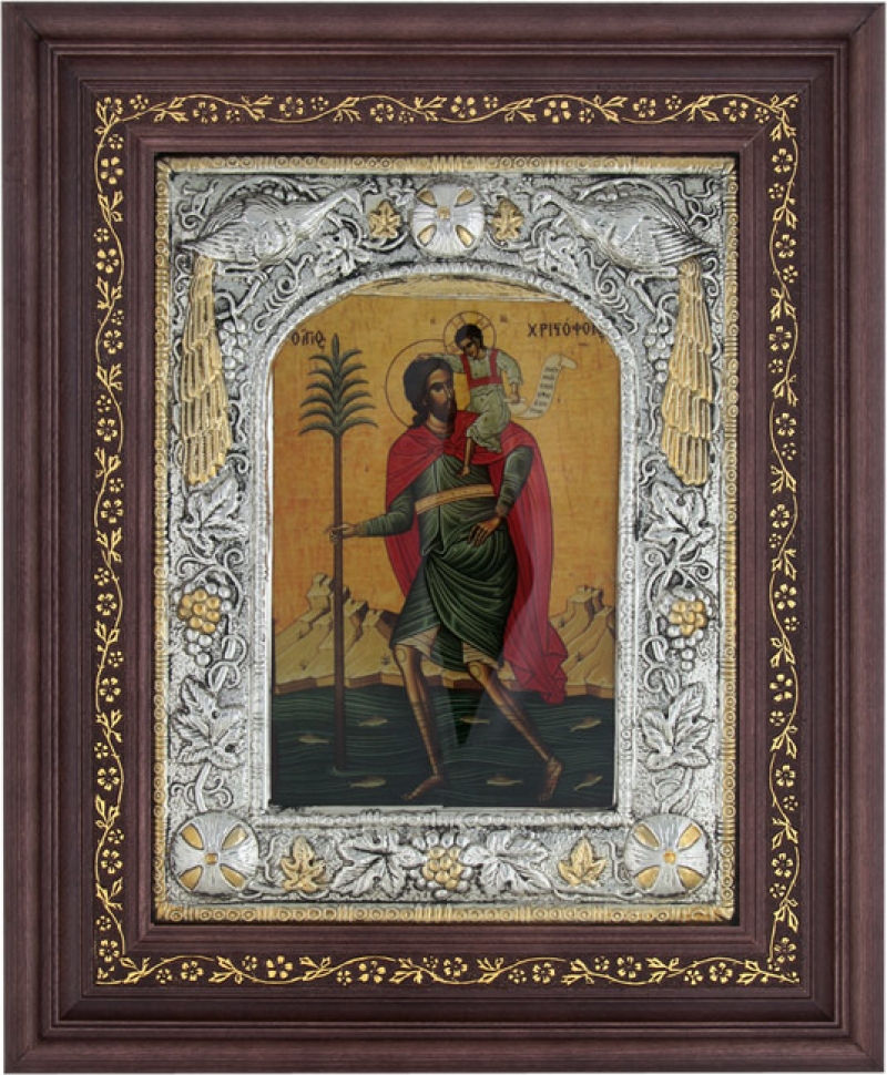 Εικόνα "Άγιος Χριστόφορος" με επικάλυψη από φύλλο ασήμι 925 και τοπικό επιχρύσωμα ΚΩΔ.1001 26x32