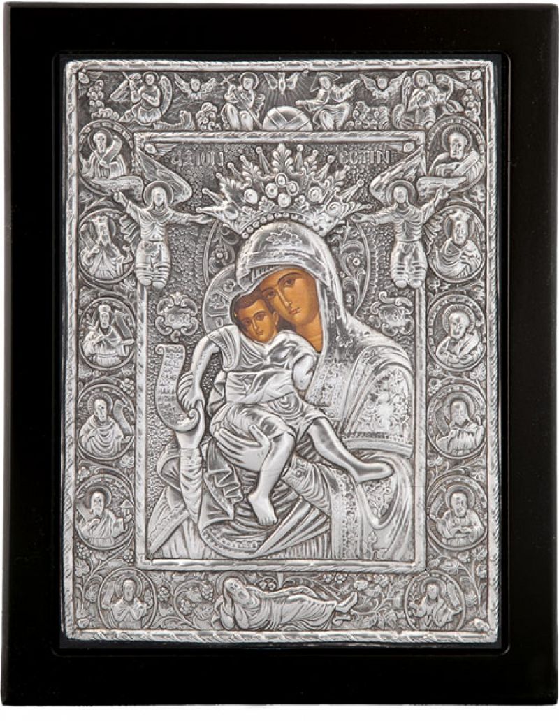 Εικόνα "Άξιον Εστί" σε μαύρο ξύλο με επικάλυψη από φύλλο ασήμι 925 ΚΩΔ. 103 15Χ18εκ.