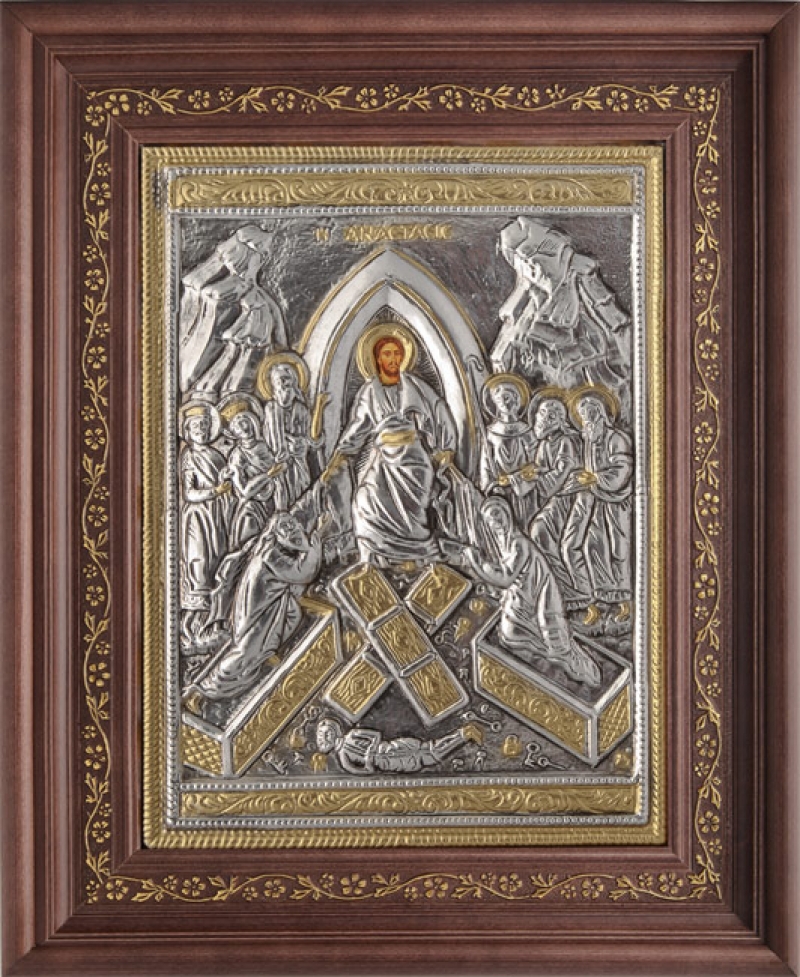 Εικόνα "Ανάσταση" με επικάλυψη από φύλλο ασήμι 925 και τοπικό επιχρύσωμα ΚΩΔ. 1000 35x43