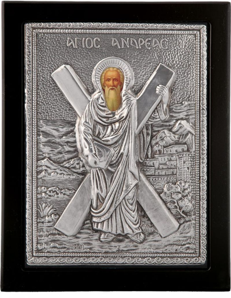 Εικόνα "Απόστολος Ανδρέας" σε μαύρο ξύλο με επικάλυψη από φύλλο ασήμι 925 ΚΩΔ. 102 10Χ12εκ.