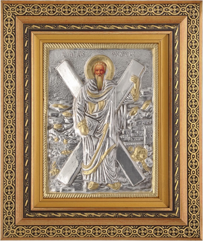 Εικόνα "Απόστολος Ανδρέας" με επικάλυψη από φύλλο ασήμι 925 και τοπικό επιχρύσωμα ΚΩΔ. 800 40x50