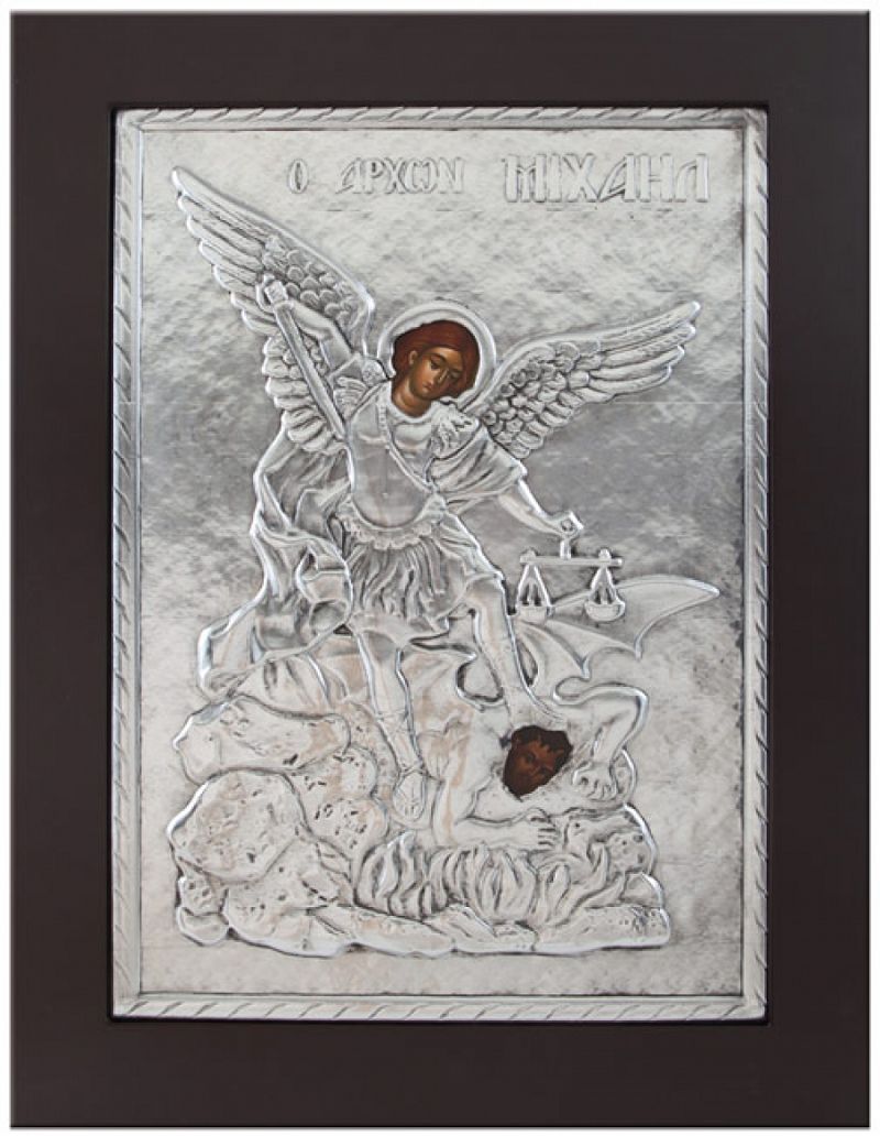 Εικόνα "Άρχων Μιχαήλ" σε μαύρο ξύλο με επικάλυψη από φύλλο ασήμι 925 ΚΩΔ. 106 30Χ40εκ.