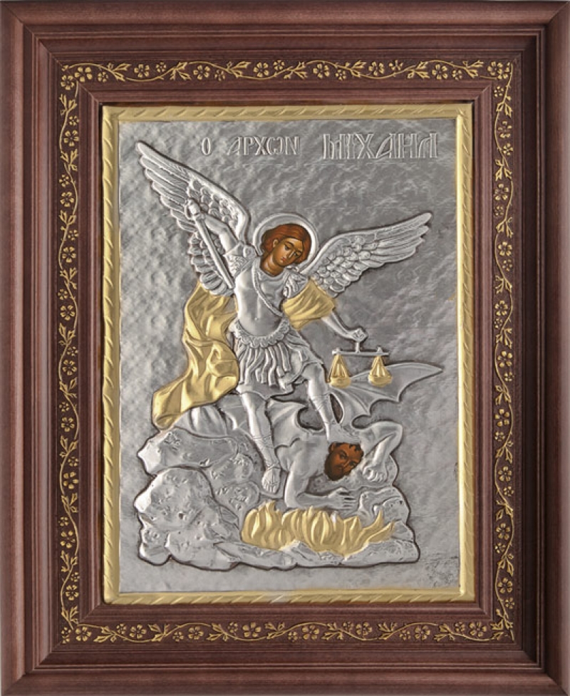 Εικόνα "Άρχων Μιχαήλ" με επικάλυψη από φύλλο ασήμι 925 και τοπικό επιχρύσωμα ΚΩΔ. 1000 35x43