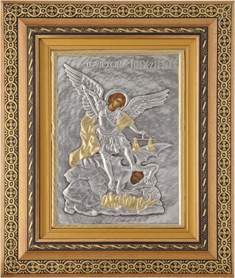 Εικόνα "Άρχων Μιχαήλ" με επικάλυψη από φύλλο ασήμι 925 και τοπικό επιχρύσωμα ΚΩΔ. 801 32x38