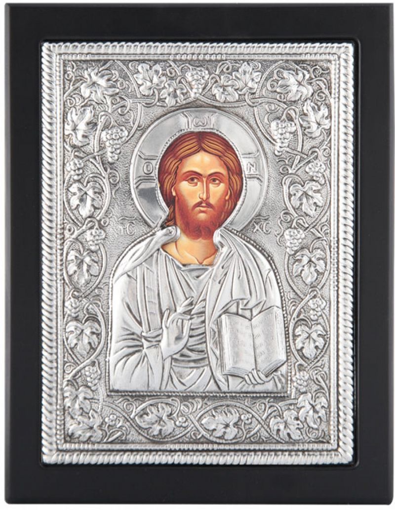 Εικόνα "Χριστός Ευλογών" σε μαύρο ξύλο με επικάλυψη από φύλλο ασήμι 925 ΚΩΔ. 104 19Χ24εκ.