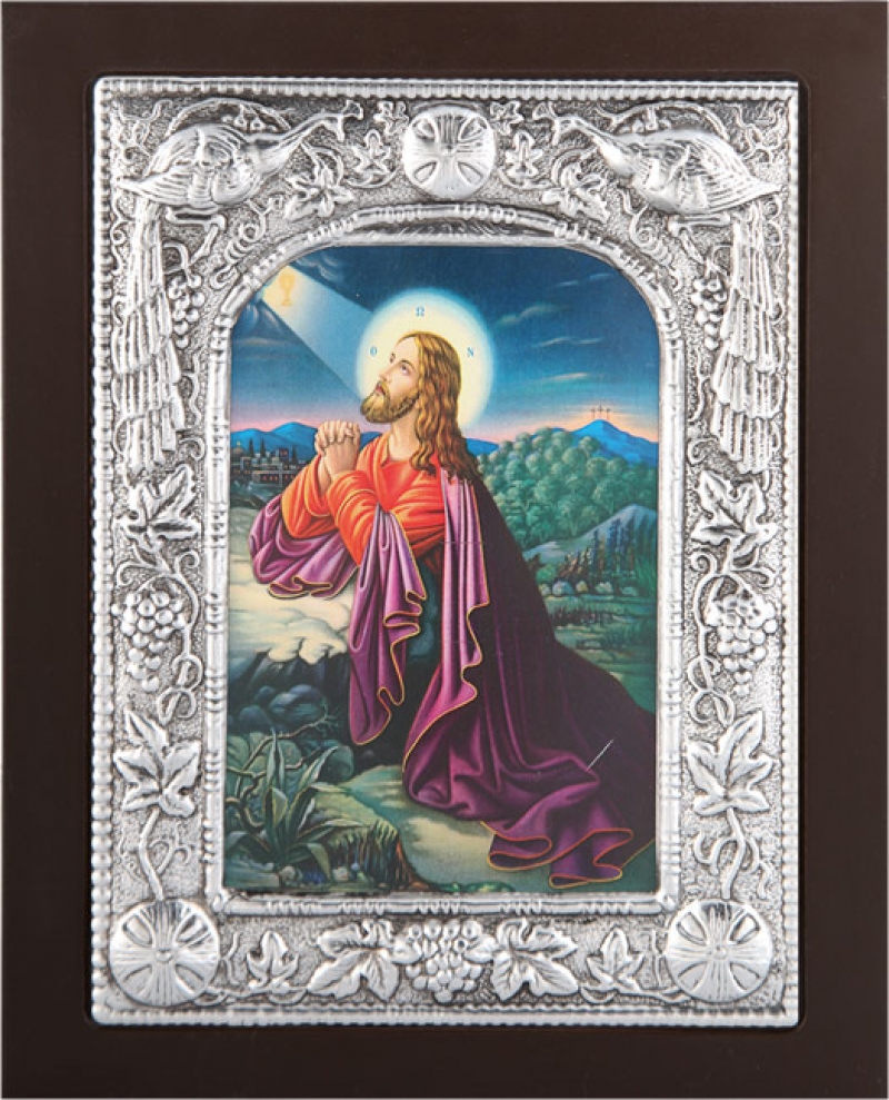 Εικόνα "Χριστός Προσευχόμενος" σε μαύρο ξύλο με επικάλυψη από φύλλο ασήμι 925 ΚΩΔ. 104 19Χ24εκ.