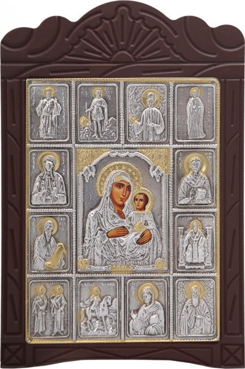 Ξυλόγλυπτο "Εικονοστάσι Παναγία Ιεροσολυμίτισσα" με επικάλυψη από φύλλο ασήμι 925 και τοπικό επιχρύσωμα ΚΩΔ. 204 19x29