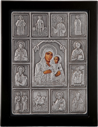 Εικόνα "Εικονοστάσι Παναγία Ιεροσολυμίτισσα" σε μαύρο ξύλο με επικάλυψη από φύλλο ασήμι 925 ΚΩΔ. 104 19Χ24εκ.