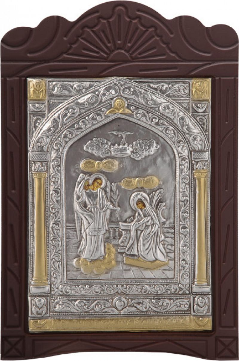 Ξυλόγλυπτο "Ευαγγελισμός Τήνου" με επικάλυψη από φύλλο ασήμι 925 και τοπικό επιχρύσωμα ΚΩΔ. 203 15x23