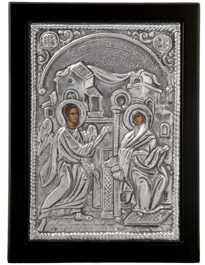 Εικόνα "Ευαγγελισμός της Θεοτόκου" σε μαύρο ξύλο με επικάλυψη από φύλλο ασήμι 925 ΚΩΔ. 104 19Χ24εκ.