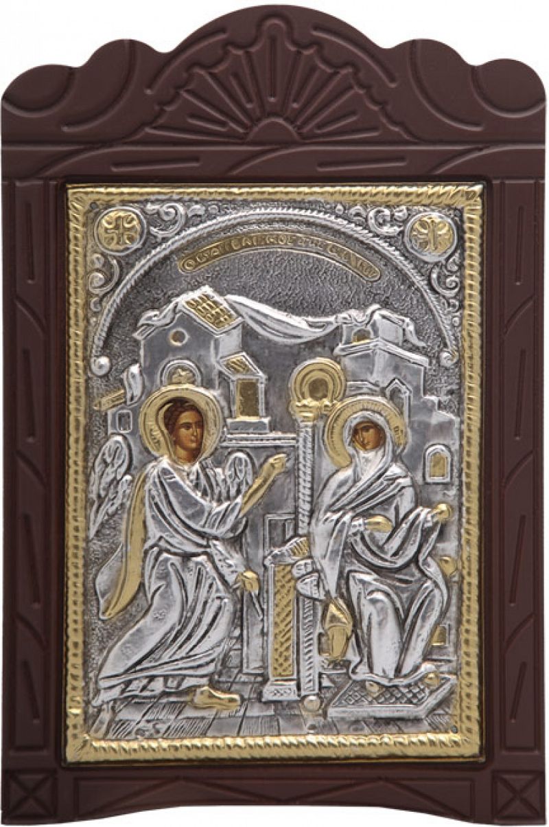 Ξυλόγλυπτο "Ευαγγελισμός Θεοτόκου" με επικάλυψη από φύλλο ασήμι 925 και τοπικό επιχρύσωμα ΚΩΔ. 203 15x23