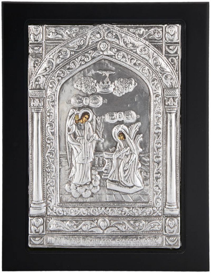 Εικόνα "Ευαγγελισμός Τήνου" σε μαύρο ξύλο με επικάλυψη από φύλλο ασήμι 925 ΚΩΔ. 104 19Χ24εκ.