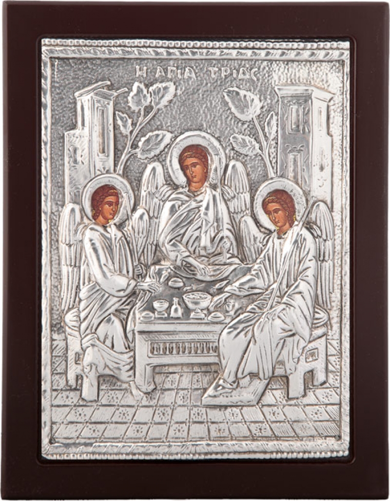 Εικόνα "Η Φιλοξενία του Αβραάμ" σε μαύρο ξύλο με επικάλυψη από φύλλο ασήμι 925 ΚΩΔ. 104 19Χ24εκ.