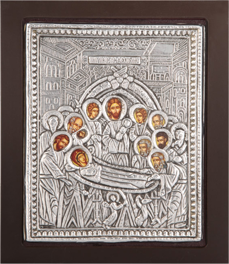 Εικόνα "Η Κοίμηση της Θεοτόκου" σε μαύρο ξύλο με επικάλυψη από φύλλο ασήμι 925 ΚΩΔ. 104 19Χ24εκ.
