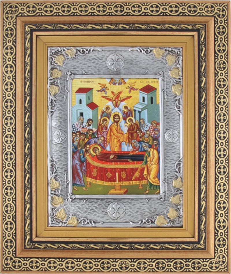 Εικόνα "Η Κοίμηση της Θεοτόκου" με επικάλυψη από φύλλο ασήμι 925 και τοπικό επιχρύσωμα ΚΩΔ. 800 40x50