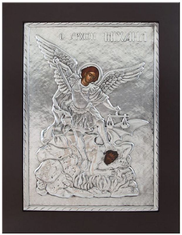 Εικόνα "Άρχων Μιχαήλ" Σε Μαύρο Ξύλο Με Επικάλυψη Από Φύλλο Ασήμι 925 ΚΩΔ. 105 23x28εκ.