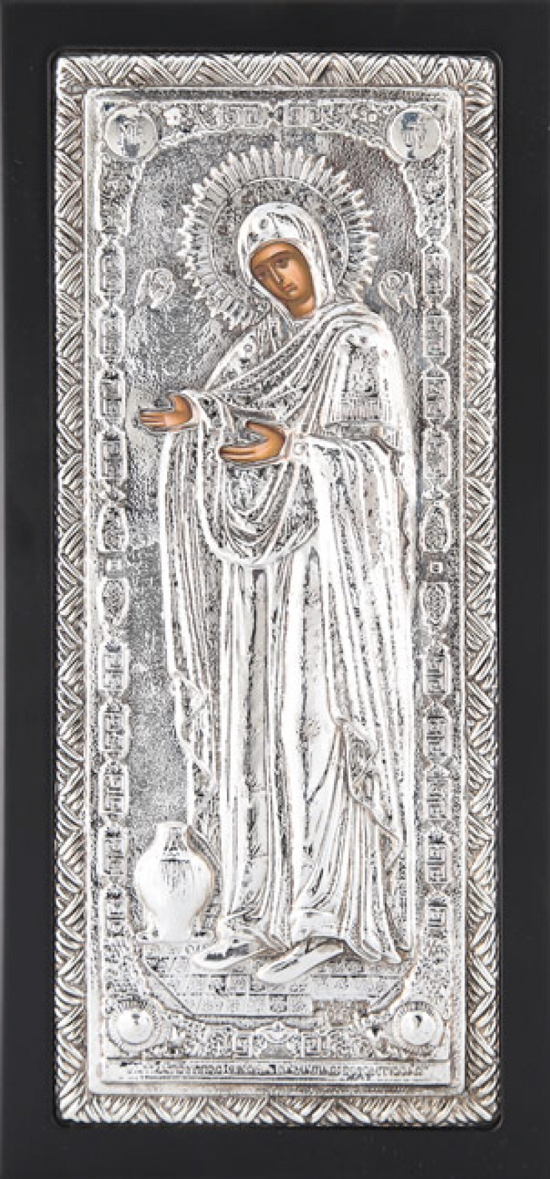 Εικόνα "Παναγία Γερόντισσα" σε μαύρο ξύλο με επικάλυψη από φύλλο ασήμι 925 ΚΩΔ. 150 17Χ36εκ.