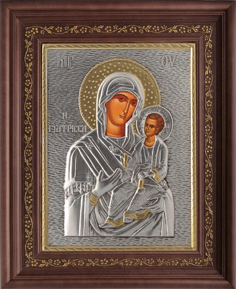 Εικόνα "Παναγία Γιάτρισσα" με επικάλυψη από φύλλο ασήμι 925 και τοπικό επιχρύσωμα ΚΩΔ. 1000 35x43
