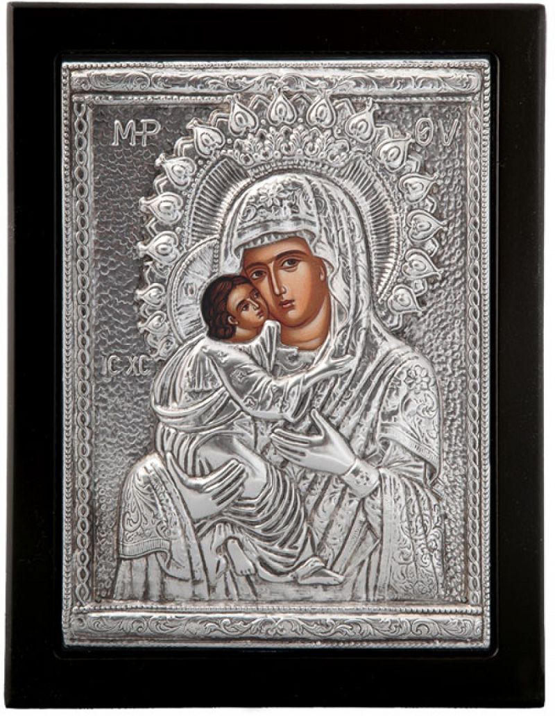 Εικόνα "Παναγία Γλυκοφιλούσα" σε μαύρο ξύλο με επικάλυψη από φύλλο ασήμι 925 ΚΩΔ. 104 19Χ24εκ.